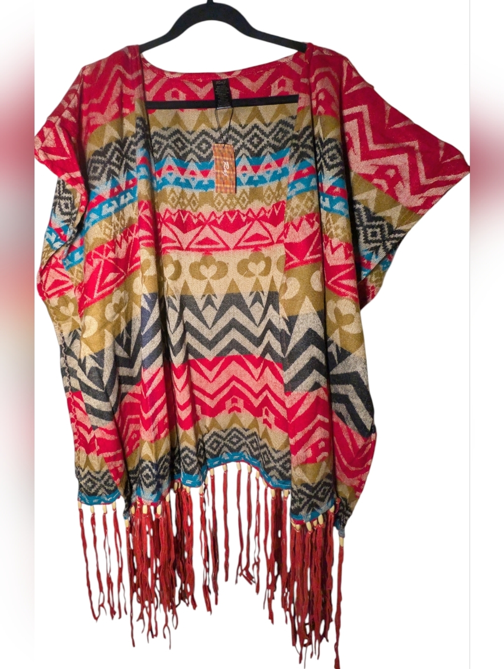 Raj NWT Southwest Tribal Print Kimono Shawl Genuine Leather Fringe OS 🌵✨